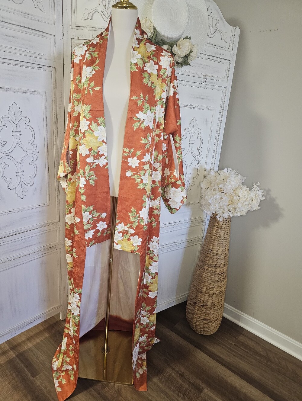 Kimono Silky Bright Orange White Floral Motifs